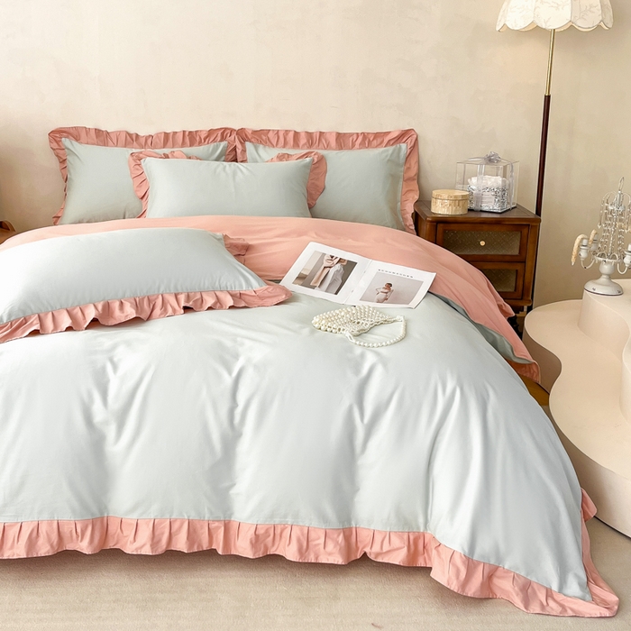 91家纺网 家纺一手货源 找家纺 艾迪尚家纺 2026新款法式韩版荷叶边纯色长绒棉四件套 瑞绿慕斯粉