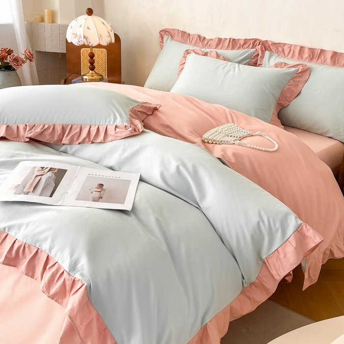 91家纺网 家纺一手货源 找家纺 艾迪尚家纺 2026新款法式韩版荷叶边纯色长绒棉四件套 瑞绿慕斯粉