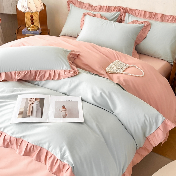 91家纺网 家纺一手货源 找家纺 艾迪尚家纺 2026新款法式韩版荷叶边纯色长绒棉四件套 瑞绿慕斯粉