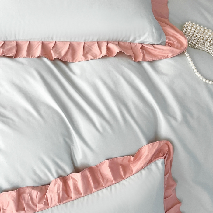 91家纺网 家纺一手货源 找家纺 艾迪尚家纺 2026新款法式韩版荷叶边纯色长绒棉四件套 瑞绿慕斯粉