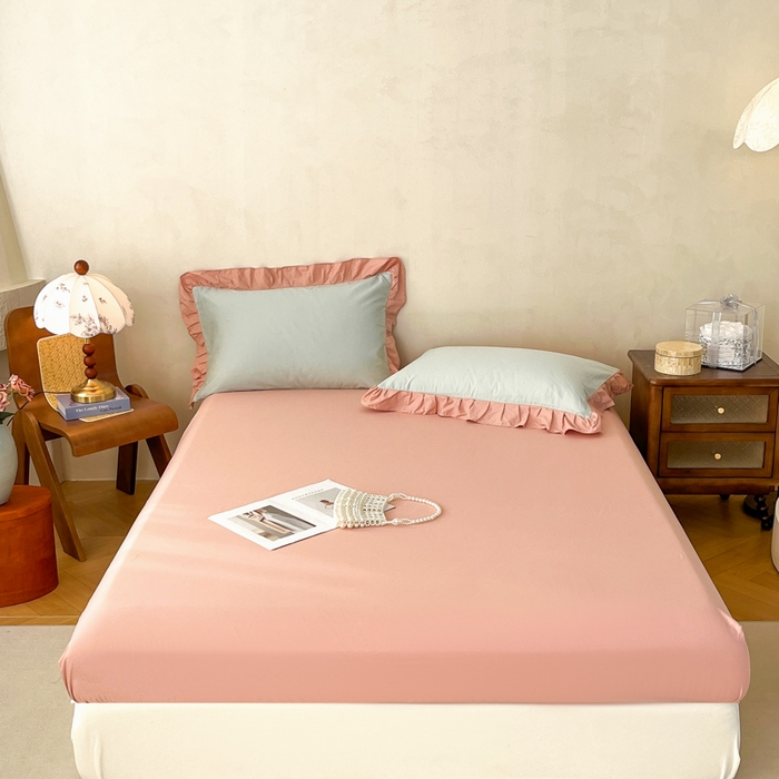 91家纺网 家纺一手货源 找家纺 艾迪尚家纺 2026新款法式韩版荷叶边纯色长绒棉四件套 瑞绿慕斯粉