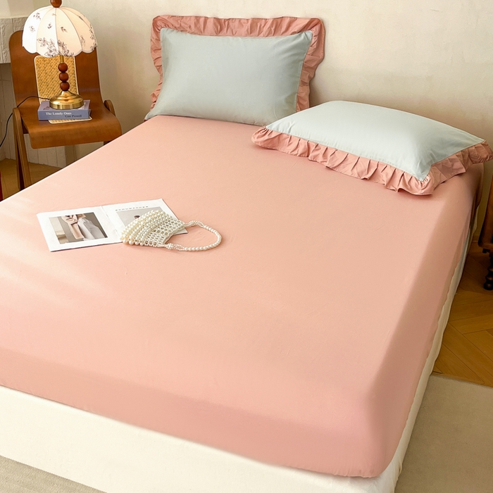 91家纺网 家纺一手货源 找家纺 艾迪尚家纺 2026新款法式韩版荷叶边纯色长绒棉四件套 瑞绿慕斯粉