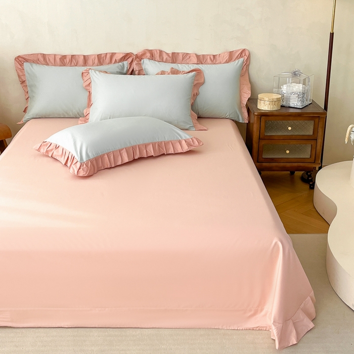 91家纺网 家纺一手货源 找家纺 艾迪尚家纺 2026新款法式韩版荷叶边纯色长绒棉四件套 瑞绿慕斯粉