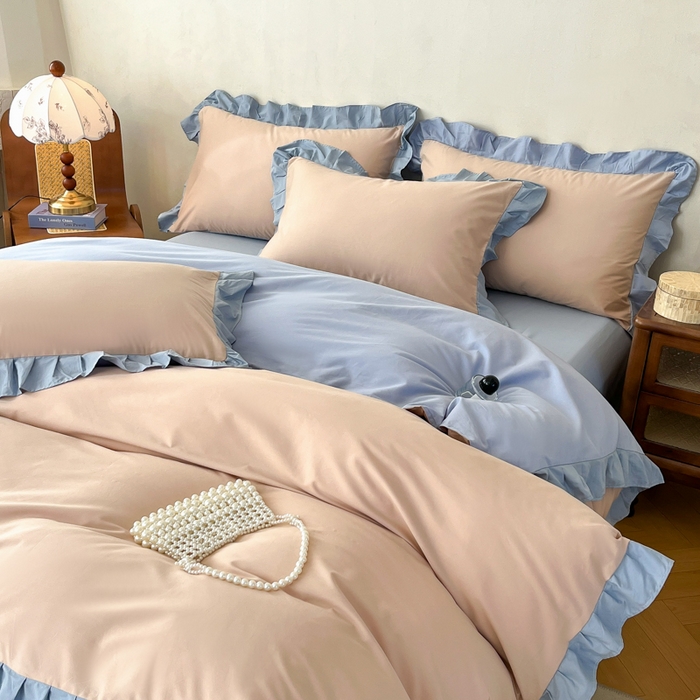 91家纺网 家纺一手货源 找家纺 艾迪尚家纺 2026新款法式韩版荷叶边纯色长绒棉四件套 雾蓝杏语