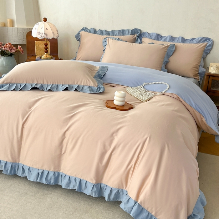 艾迪尚家纺 2026新款法式韩版荷叶边纯色长绒棉四件套 雾蓝杏语