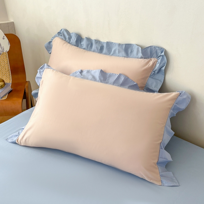 91家纺网 家纺一手货源 找家纺 艾迪尚家纺 2026新款法式韩版荷叶边纯色长绒棉四件套 雾蓝杏语