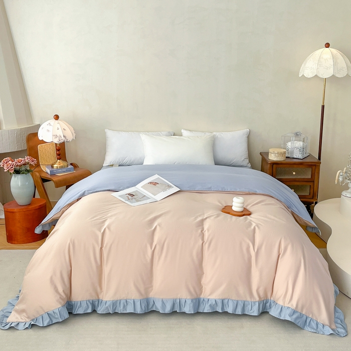 91家纺网 家纺一手货源 找家纺 艾迪尚家纺 2026新款法式韩版荷叶边纯色长绒棉四件套 雾蓝杏语