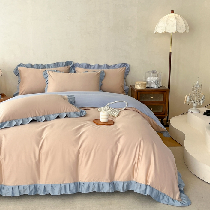 91家纺网 家纺一手货源 找家纺 艾迪尚家纺 2026新款法式韩版荷叶边纯色长绒棉四件套 雾蓝杏语