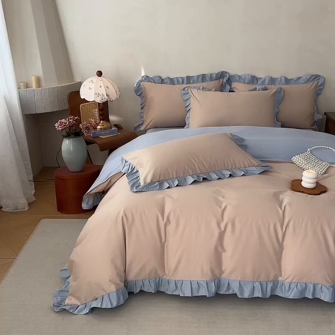 91家纺网 家纺一手货源 找家纺 艾迪尚家纺 2026新款法式韩版荷叶边纯色长绒棉四件套 雾蓝杏语