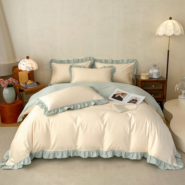 91家纺网 家纺一手货源 找家纺 艾迪尚家纺 2026新款法式韩版荷叶边纯色长绒棉四件套 云白芽绿