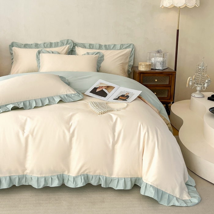 91家纺网 家纺一手货源 找家纺 艾迪尚家纺 2026新款法式韩版荷叶边纯色长绒棉四件套 云白芽绿