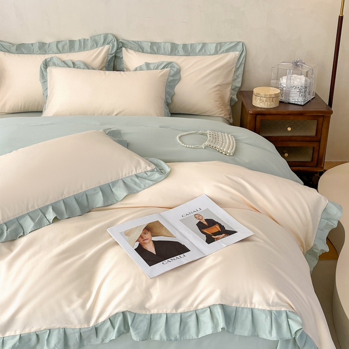 91家纺网 家纺一手货源 找家纺 艾迪尚家纺 2026新款法式韩版荷叶边纯色长绒棉四件套 云白芽绿