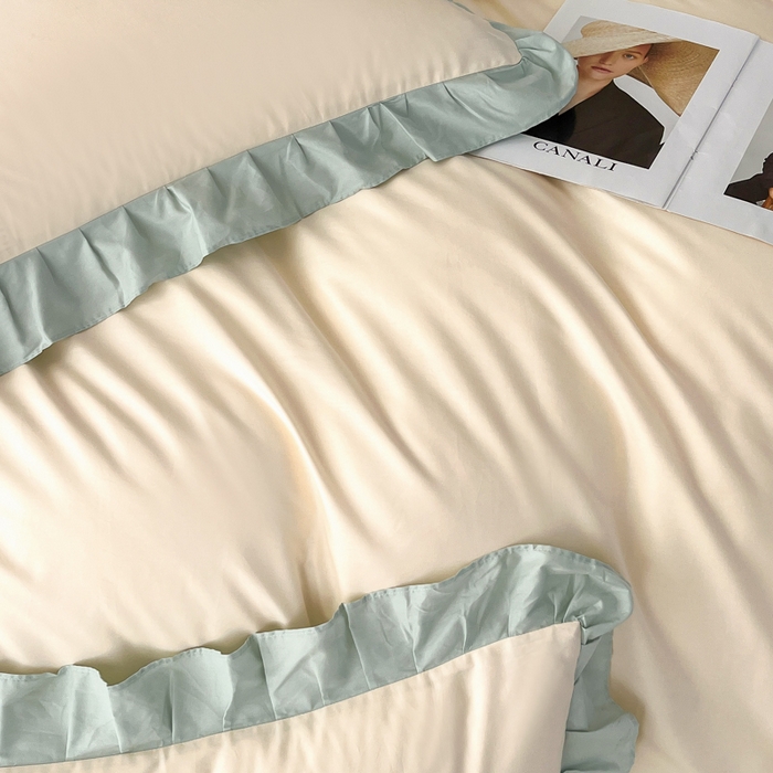 91家纺网 家纺一手货源 找家纺 艾迪尚家纺 2026新款法式韩版荷叶边纯色长绒棉四件套 云白芽绿