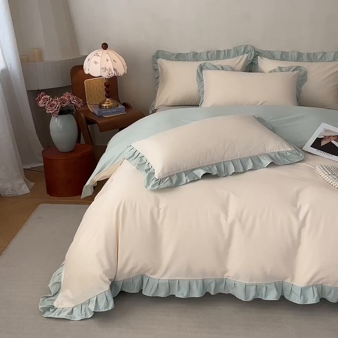 91家纺网 家纺一手货源 找家纺 艾迪尚家纺 2026新款法式韩版荷叶边纯色长绒棉四件套 云白芽绿