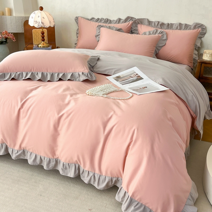 艾迪尚家纺 2026新款法式韩版荷叶边纯色长绒棉四件套 云灰仙女粉