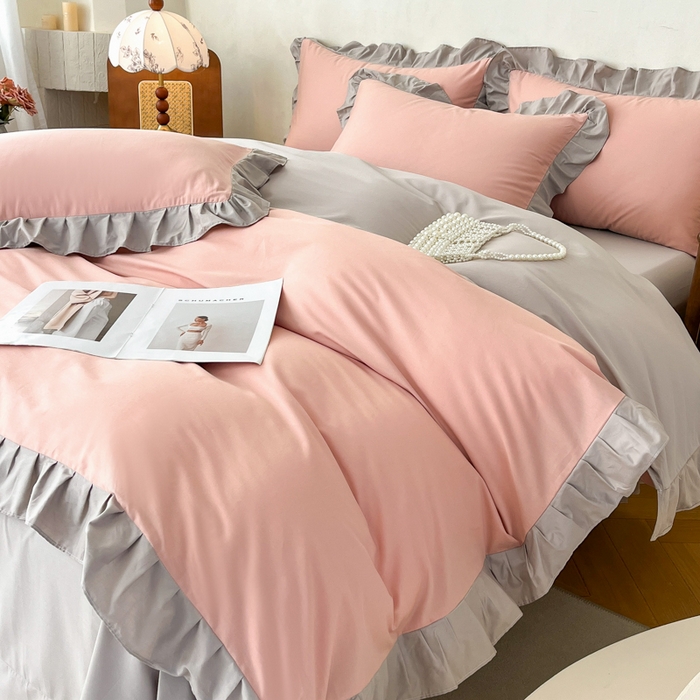 91家纺网 家纺一手货源 找家纺 艾迪尚家纺 2026新款法式韩版荷叶边纯色长绒棉四件套 云灰仙女粉