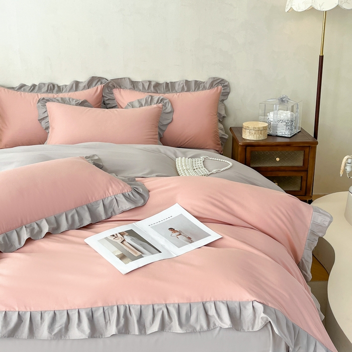 91家纺网 家纺一手货源 找家纺 艾迪尚家纺 2026新款法式韩版荷叶边纯色长绒棉四件套 云灰仙女粉