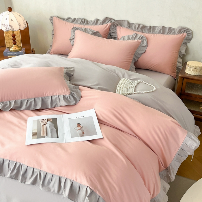 91家纺网 家纺一手货源 找家纺 艾迪尚家纺 2026新款法式韩版荷叶边纯色长绒棉四件套 云灰仙女粉