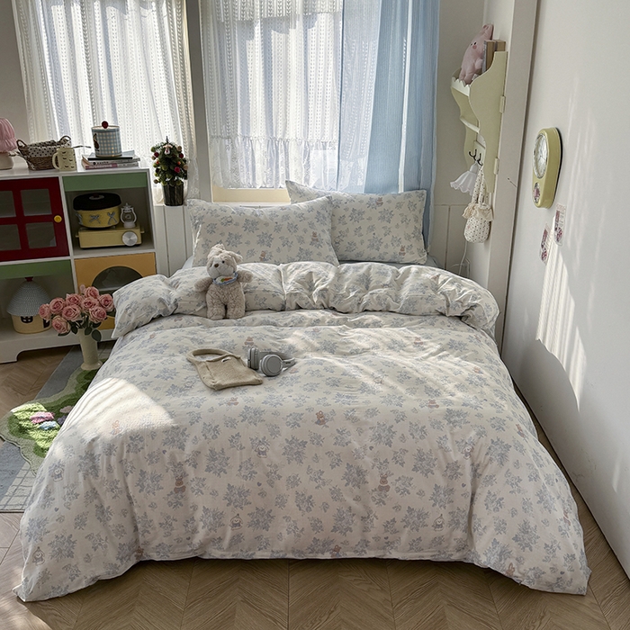 91家纺网 家纺一手货源 找家纺 爱思佳 2026新款全棉纯棉双层纱基款系列四件套 兔儿森灵