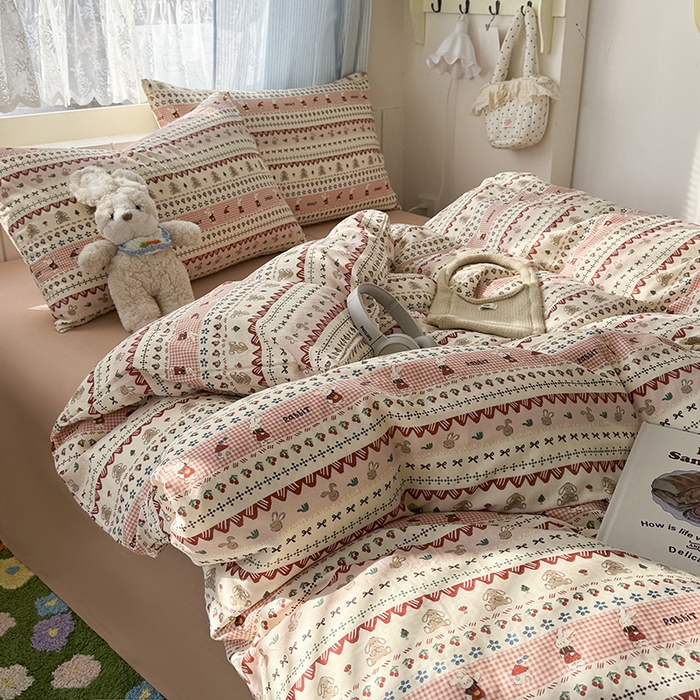 91家纺网 家纺一手货源 找家纺 爱思佳 2026新款全棉纯棉双层纱基款系列四件套 喜喜兔