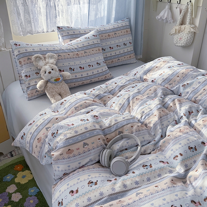 91家纺网 家纺一手货源 找家纺 爱思佳 2026新款全棉纯棉双层纱基款系列四件套 雪花狗