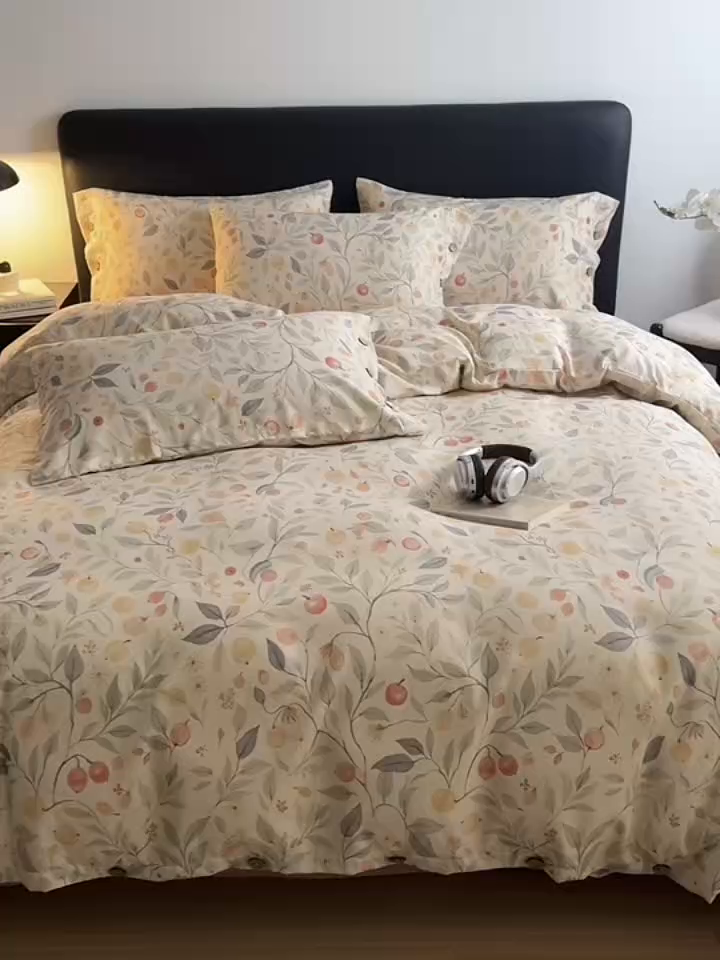 91家纺网 家纺一手货源 找家纺 女子家纺 2026新款棉麻纽扣款四件套 蓝叶红果