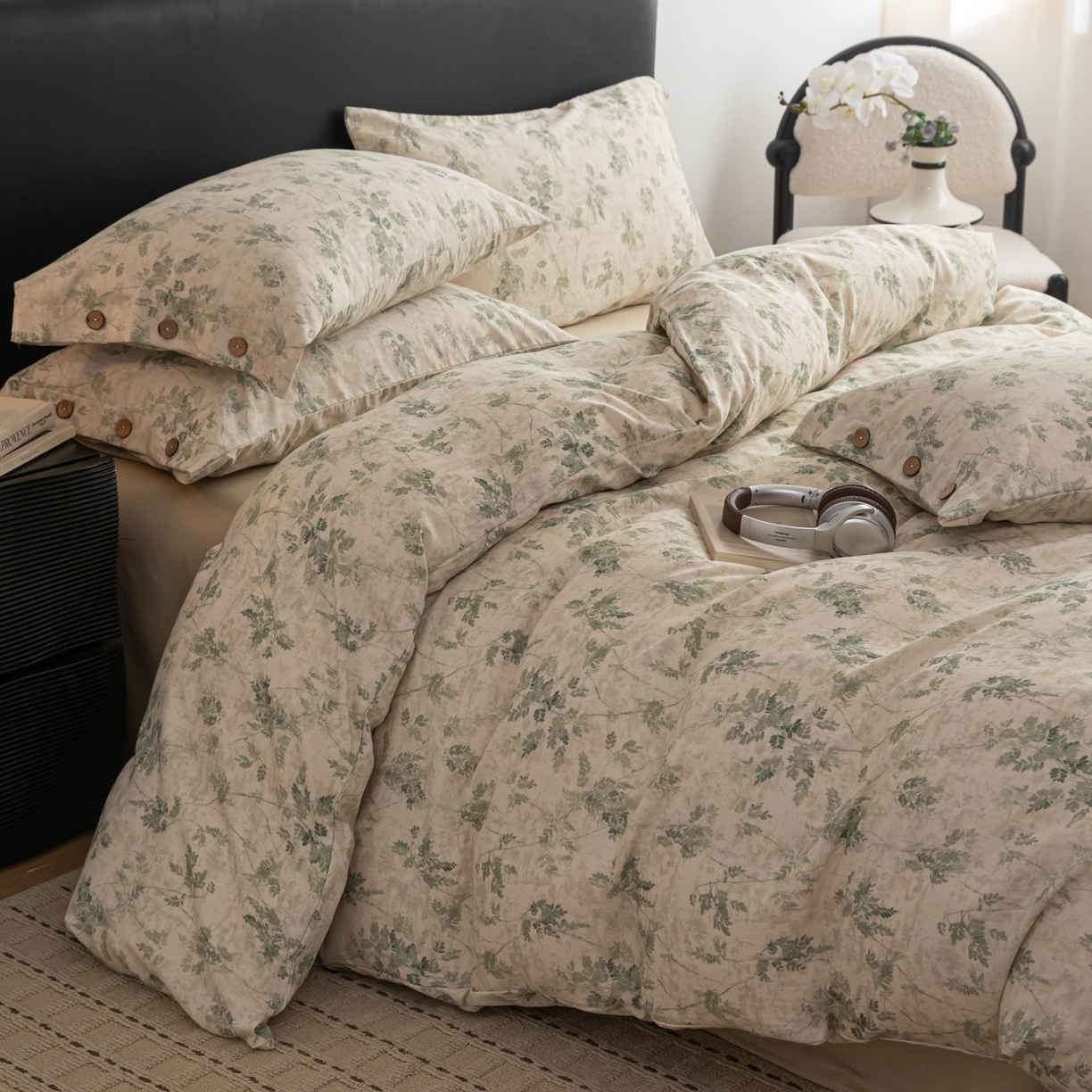 91家纺网 家纺一手货源 找家纺 女子家纺 2026新款棉麻纽扣款四件套 青藤蔓叶