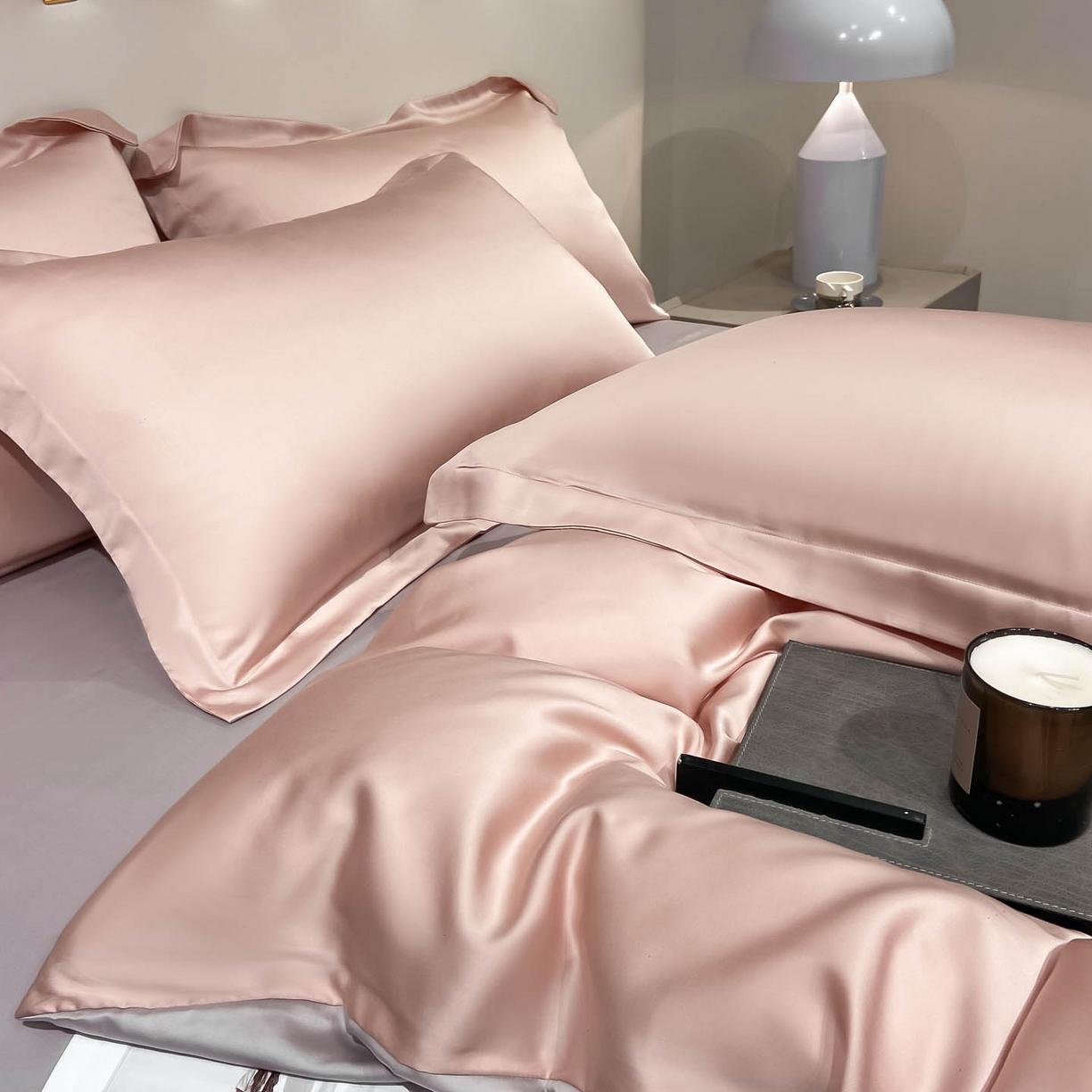 91家纺网 家纺一手货源 找家纺 涵宸家纺 2026新款兰精3M天丝纯色四件套 蜜桃粉+大地灰