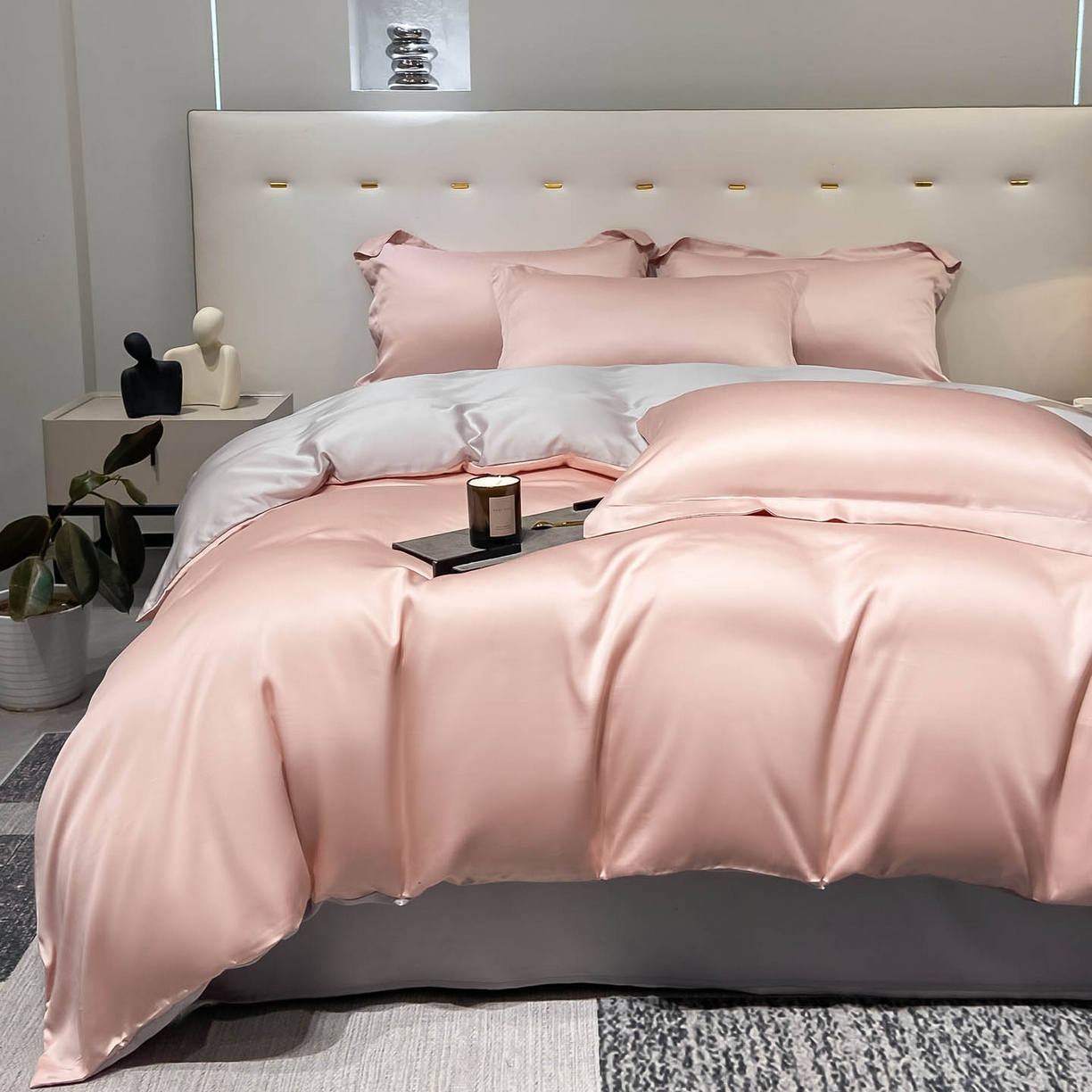 91家纺网 家纺一手货源 找家纺 涵宸家纺 2026新款兰精3M天丝纯色四件套 蜜桃粉+大地灰