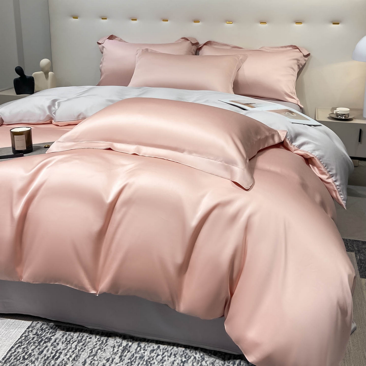 91家纺网 家纺一手货源 找家纺 涵宸家纺 2026新款兰精3M天丝纯色四件套 蜜桃粉+大地灰