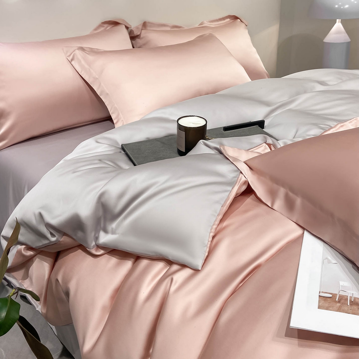 91家纺网 家纺一手货源 找家纺 涵宸家纺 2026新款兰精3M天丝纯色四件套 蜜桃粉+大地灰