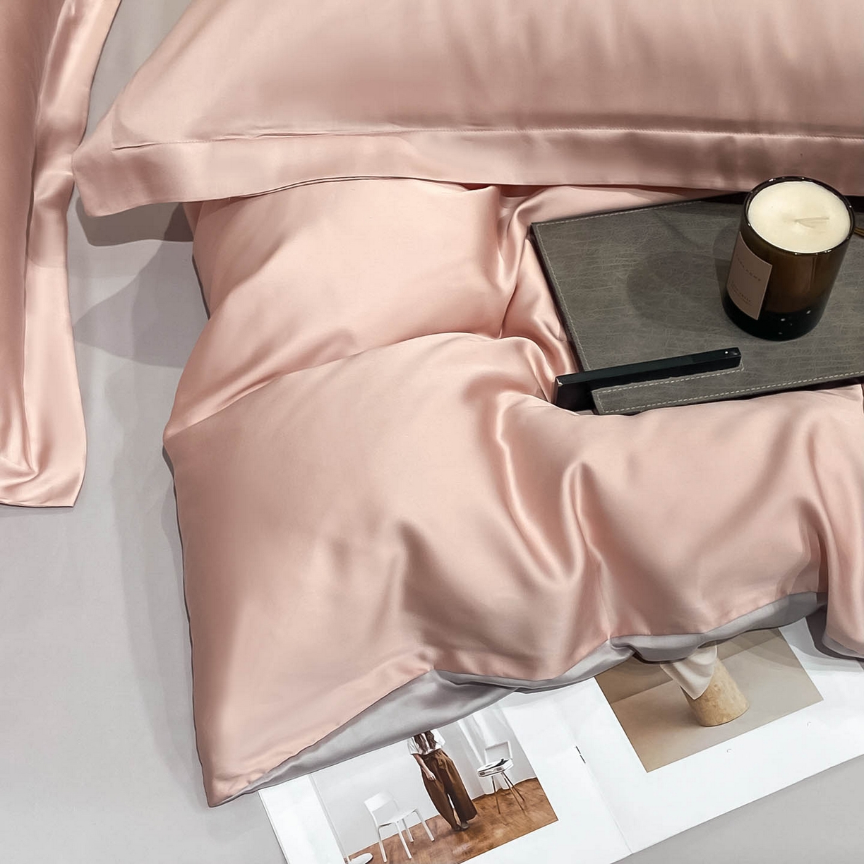 91家纺网 家纺一手货源 找家纺 涵宸家纺 2026新款兰精3M天丝纯色四件套 蜜桃粉+大地灰