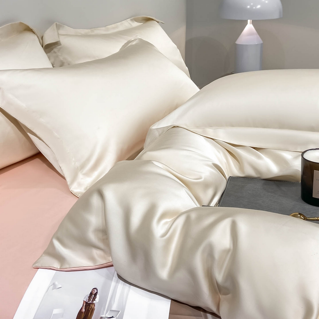 91家纺网 家纺一手货源 找家纺 涵宸家纺 2026新款兰精3M天丝纯色四件套 奶昔+蜜桃粉