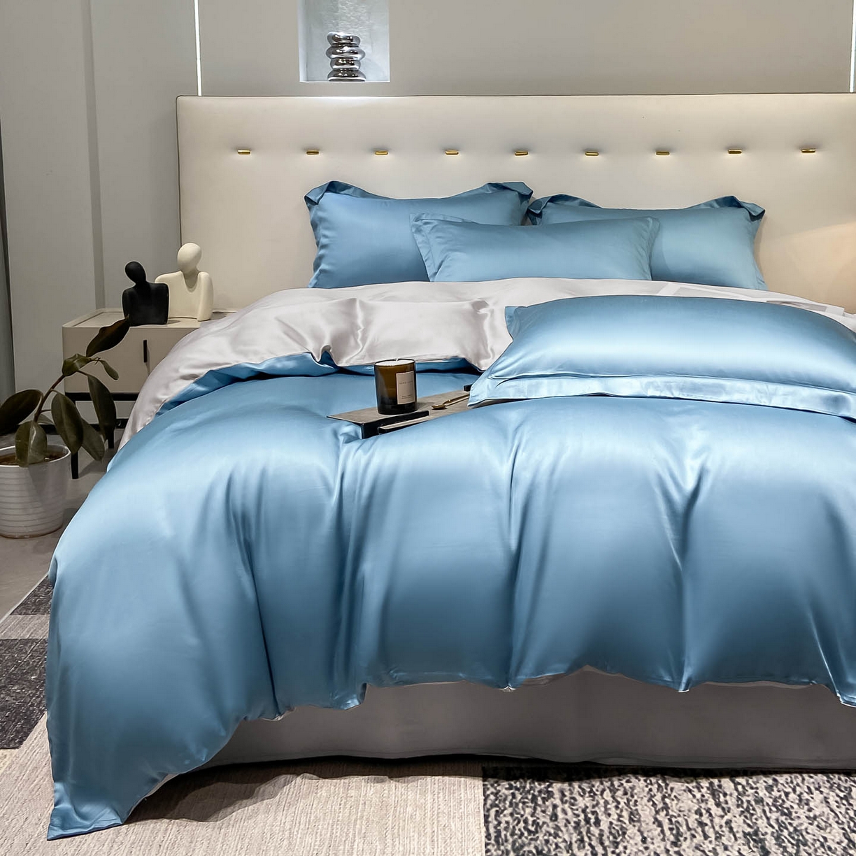 91家纺网 家纺一手货源 找家纺 涵宸家纺 2026新款兰精3M天丝纯色四件套 深海蓝+大地灰