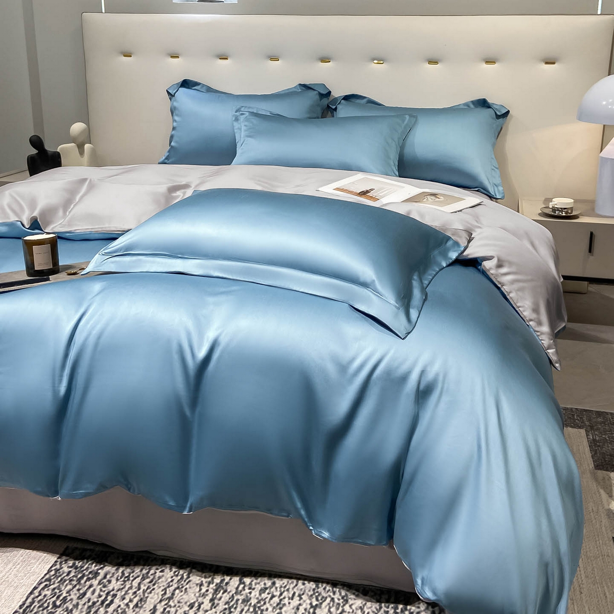 91家纺网 家纺一手货源 找家纺 涵宸家纺 2026新款兰精3M天丝纯色四件套 深海蓝+大地灰