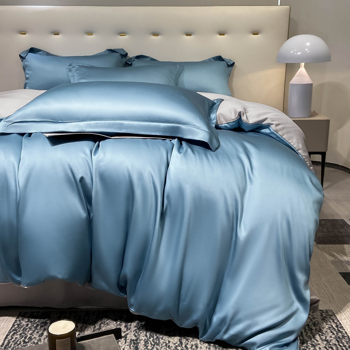 91家纺网 家纺一手货源 找家纺 涵宸家纺 2026新款兰精3M天丝纯色四件套 深海蓝+大地灰