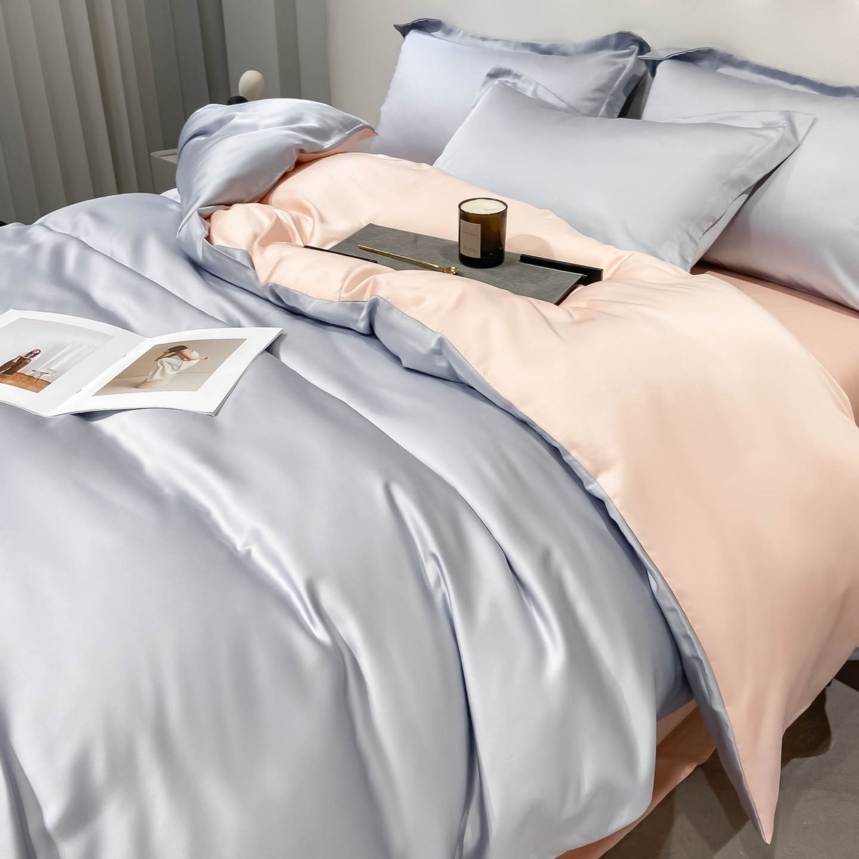 91家纺网 家纺一手货源 找家纺 涵宸家纺 2026新款兰精3M天丝纯色四件套 星辰兰+蜜桃粉