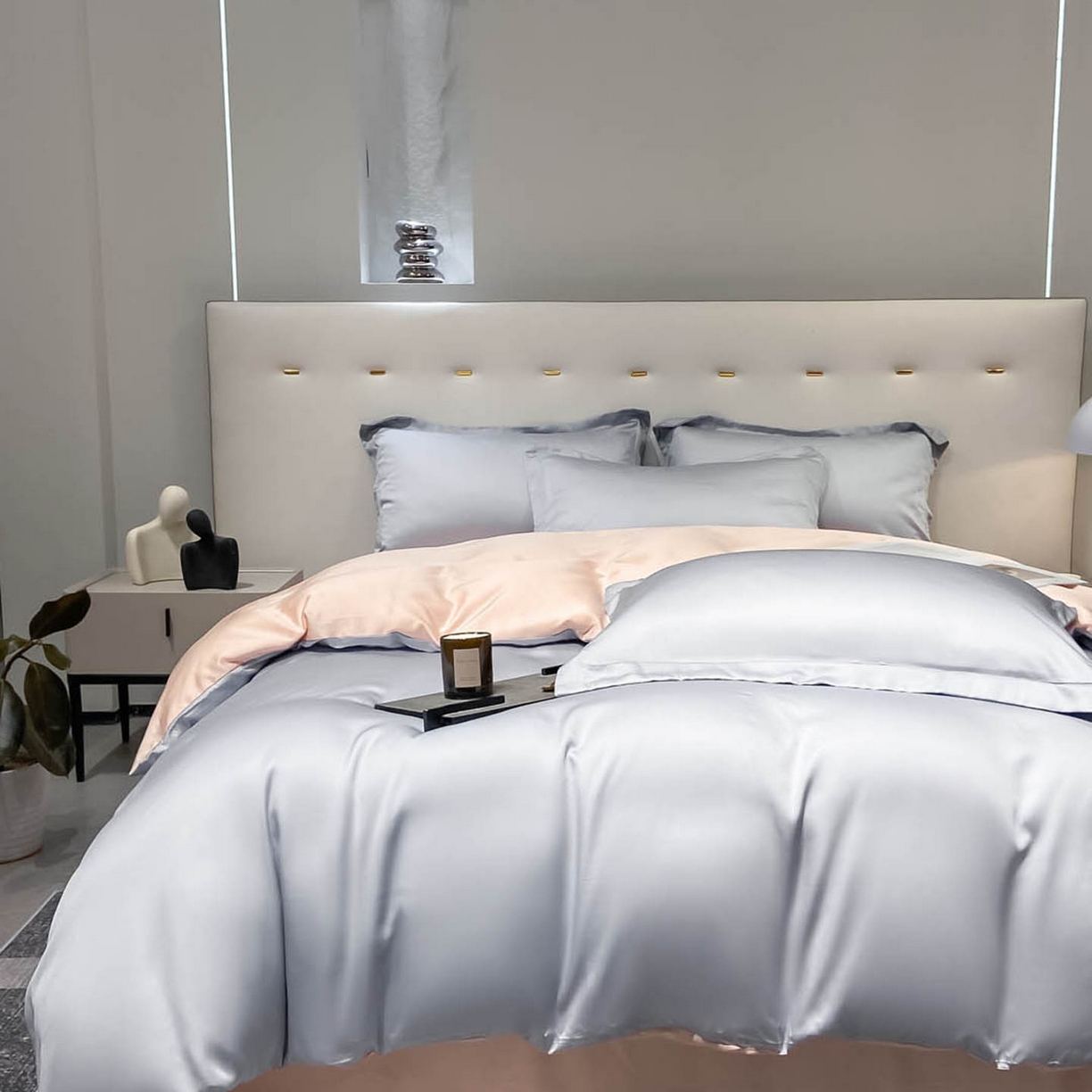 91家纺网 家纺一手货源 找家纺 涵宸家纺 2026新款兰精3M天丝纯色四件套 星辰兰+蜜桃粉