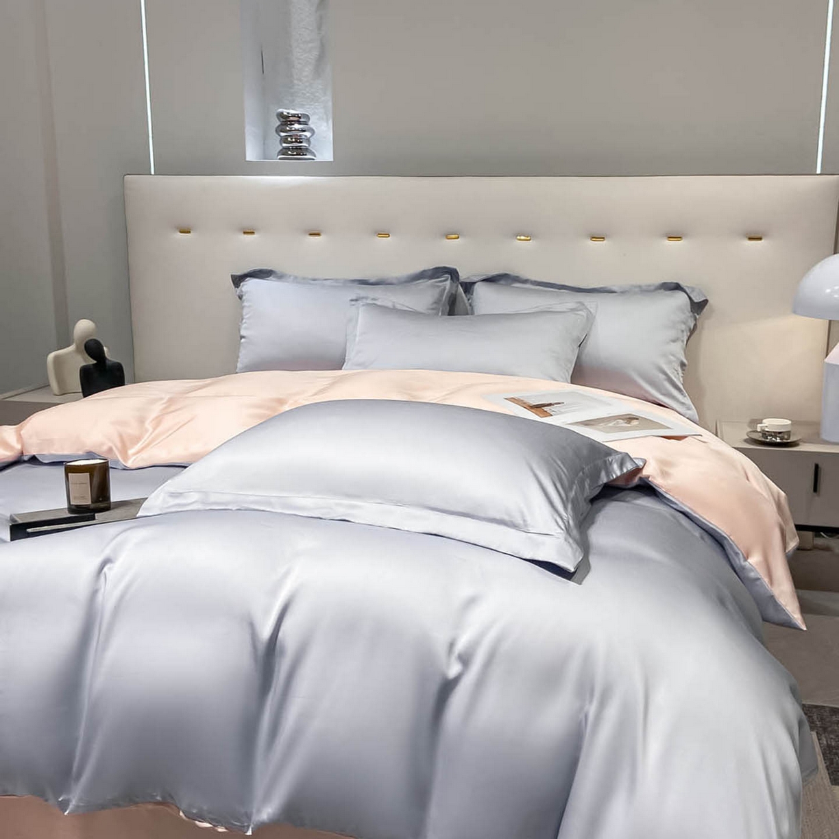 91家纺网 家纺一手货源 找家纺 涵宸家纺 2026新款兰精3M天丝纯色四件套 星辰兰+蜜桃粉