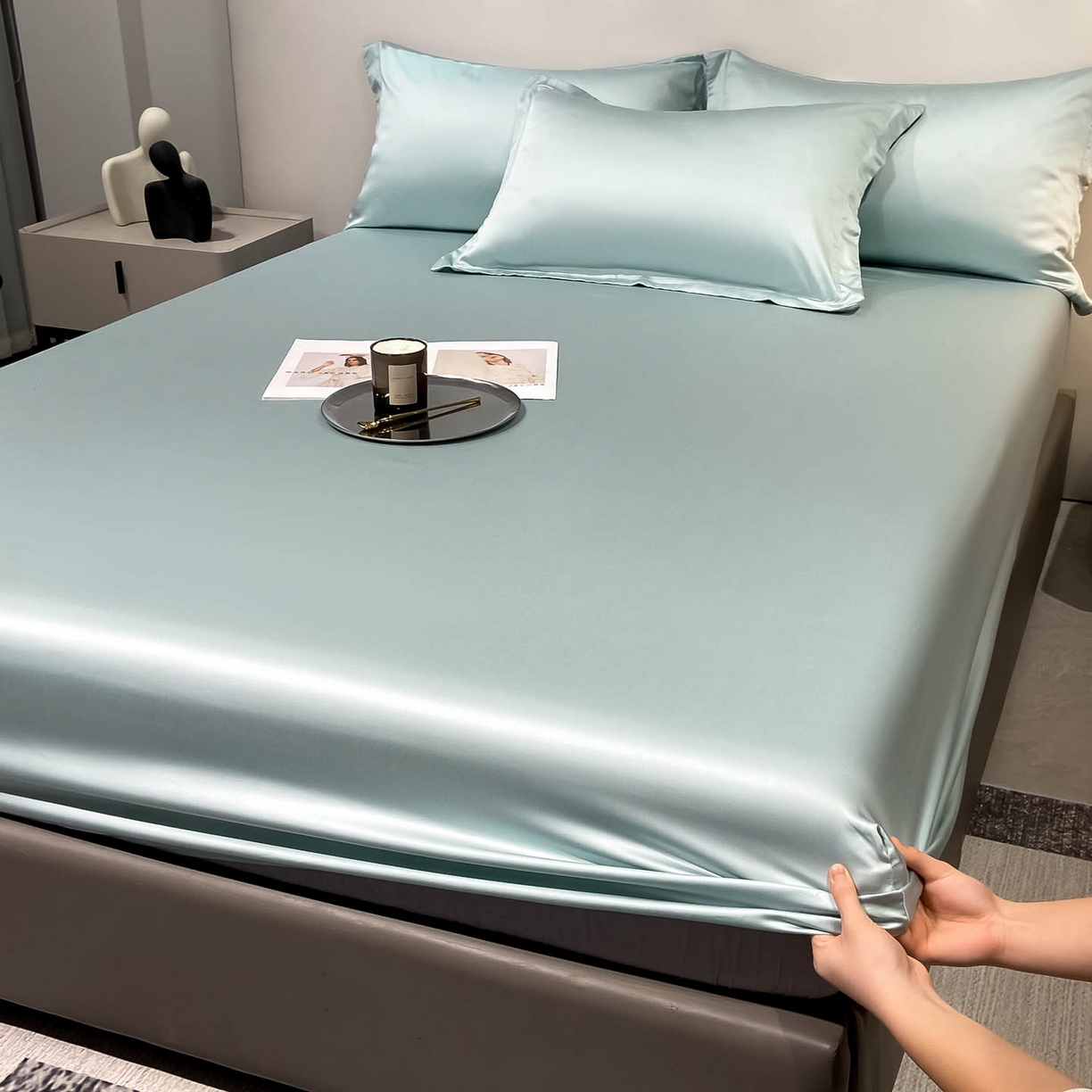 91家纺网 家纺一手货源 找家纺 涵宸家纺 2026新款兰精3M天丝纯色单床笠 单床笠-碧海绿