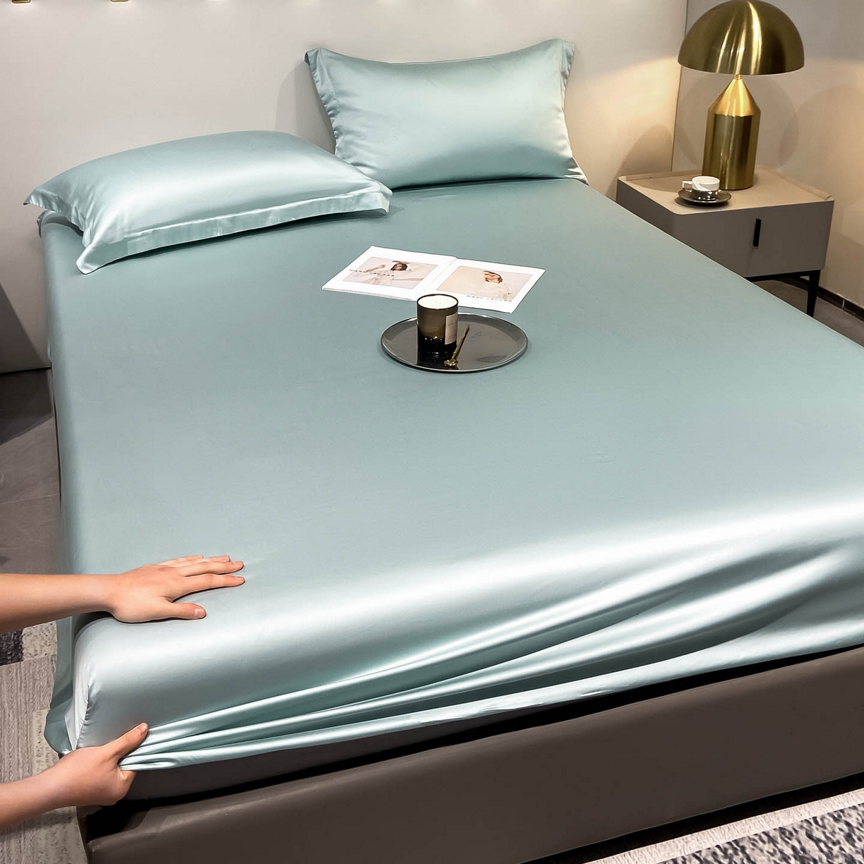 91家纺网 家纺一手货源 找家纺 涵宸家纺 2026新款兰精3M天丝纯色单床笠 单床笠-碧海绿