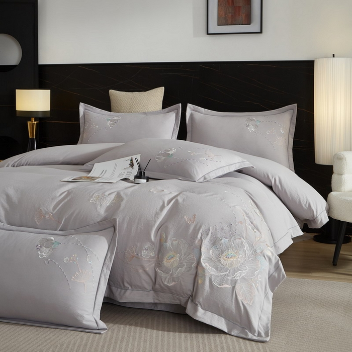 91家纺网 家纺一手货源 找家纺 金纱玉纺家纺 2026新款轻奢工艺绣花四件套（提供买家秀） 繁花似锦-灰