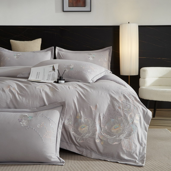 91家纺网 家纺一手货源 找家纺 金纱玉纺家纺 2026新款轻奢工艺绣花四件套（提供买家秀） 繁花似锦-灰