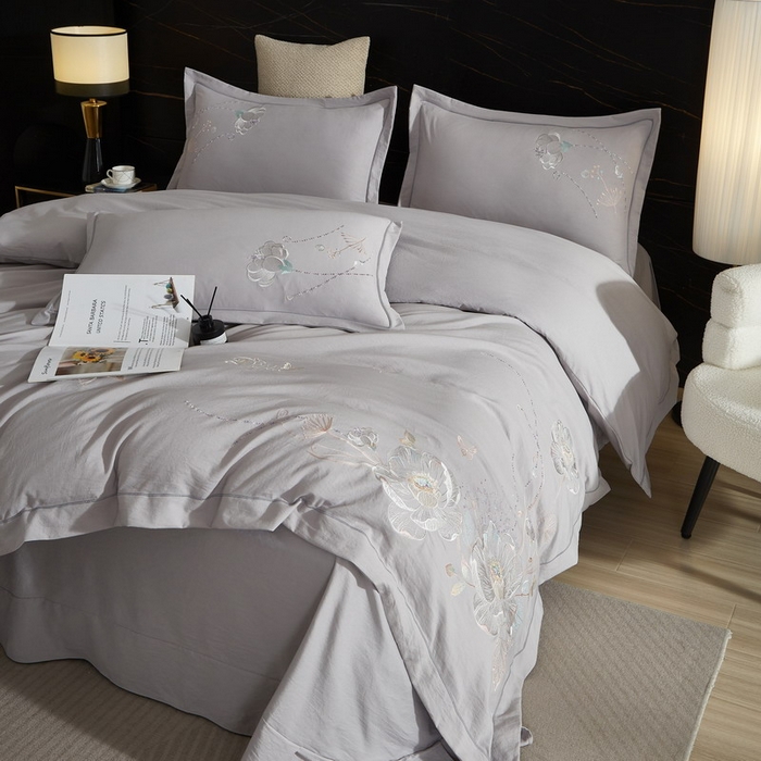 91家纺网 家纺一手货源 找家纺 金纱玉纺家纺 2026新款轻奢工艺绣花四件套（提供买家秀） 繁花似锦-灰