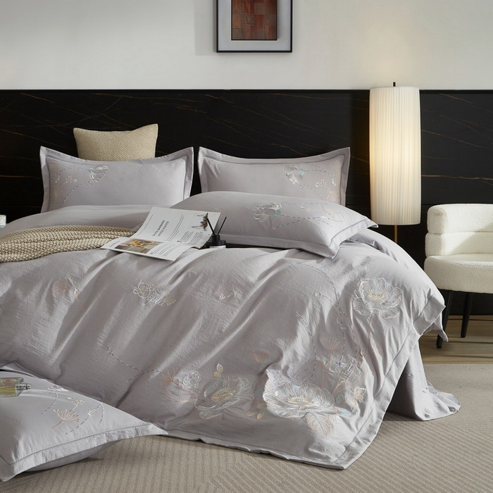 91家纺网 家纺一手货源 找家纺 金纱玉纺家纺 2026新款轻奢工艺绣花四件套（提供买家秀） 繁花似锦-灰