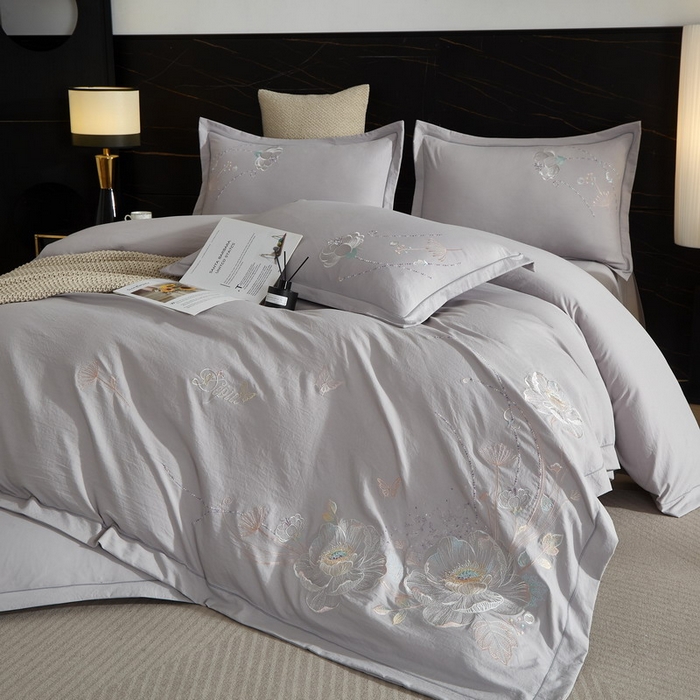 91家纺网 家纺一手货源 找家纺 金纱玉纺家纺 2026新款轻奢工艺绣花四件套（提供买家秀） 繁花似锦-灰