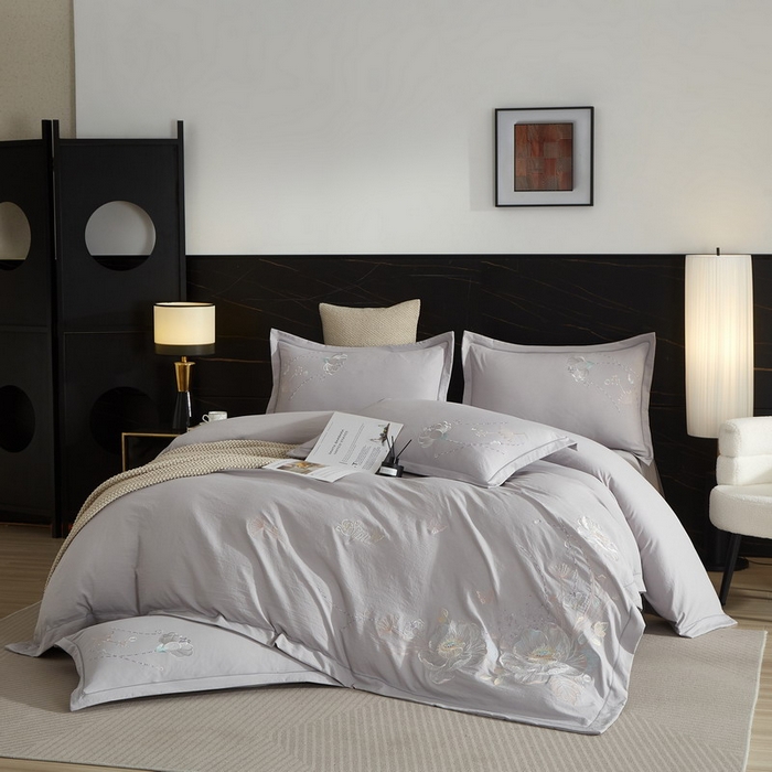 91家纺网 家纺一手货源 找家纺 金纱玉纺家纺 2026新款轻奢工艺绣花四件套（提供买家秀） 繁花似锦-灰