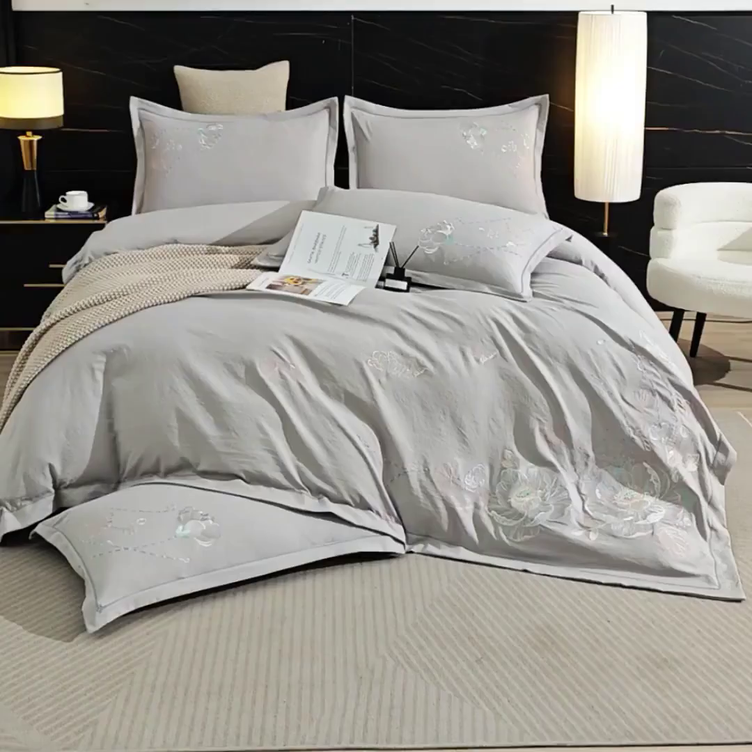 91家纺网 家纺一手货源 找家纺 金纱玉纺家纺 2026新款轻奢工艺绣花四件套（提供买家秀） 繁花似锦-灰