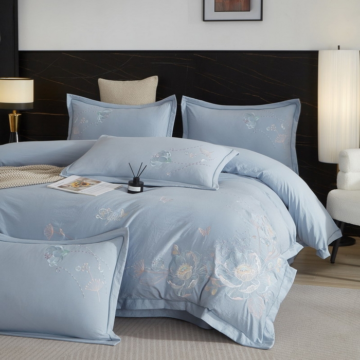 91家纺网 家纺一手货源 找家纺 金纱玉纺家纺 2026新款轻奢工艺绣花四件套（提供买家秀） 繁花似锦-蓝