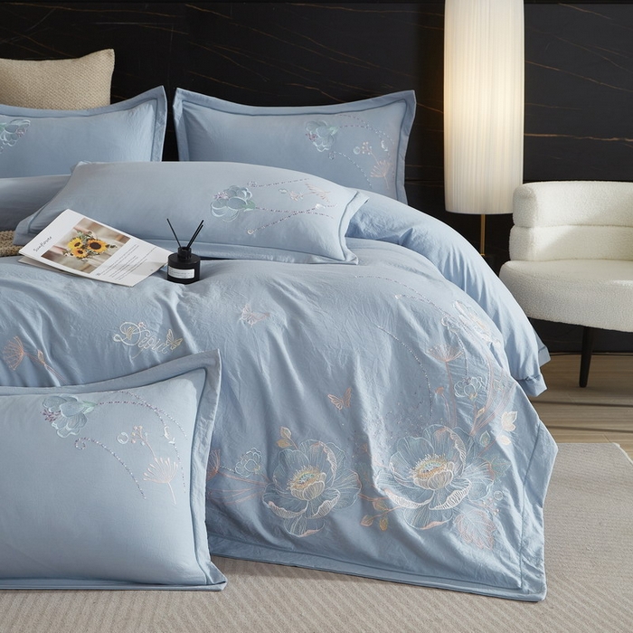 91家纺网 家纺一手货源 找家纺 金纱玉纺家纺 2026新款轻奢工艺绣花四件套（提供买家秀） 繁花似锦-蓝